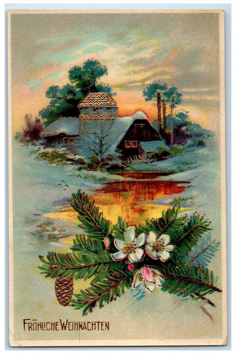 c1910's New Year Pine Cone Flowers House Winter Gel Gold Gilt Embossed Postcard