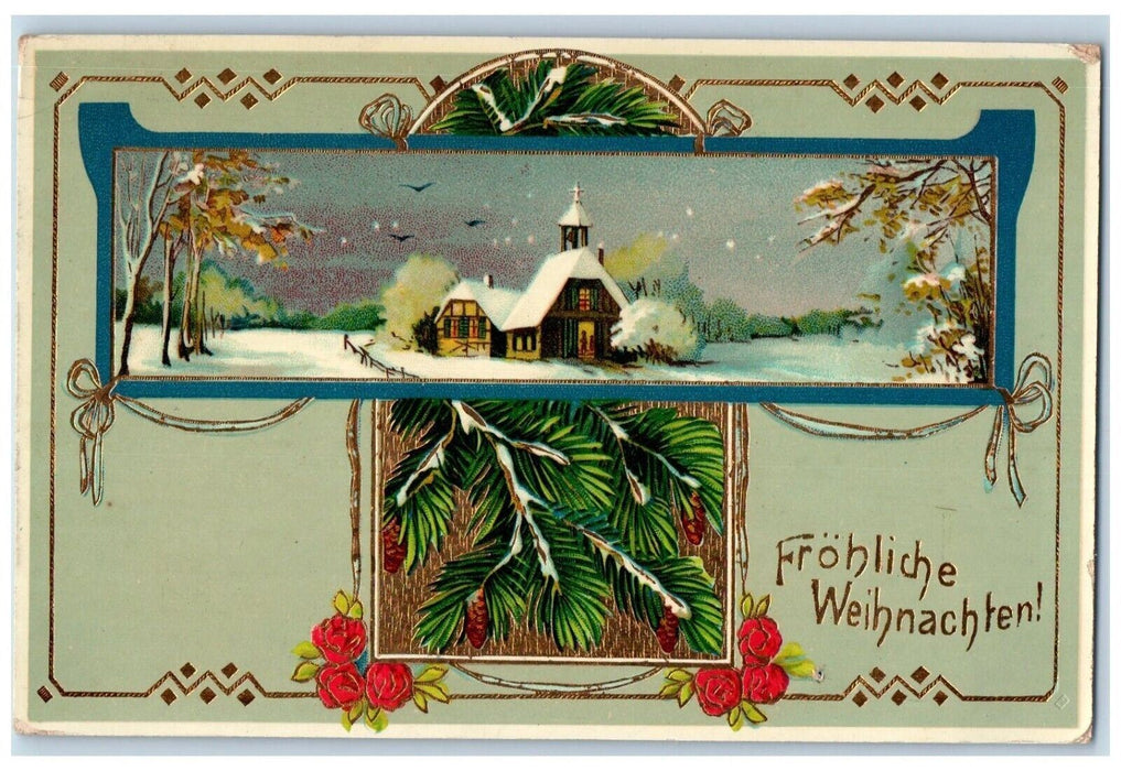 1911 New Year Pine Cone House Church Winter Gel Gold Gilt Embossed Postcard