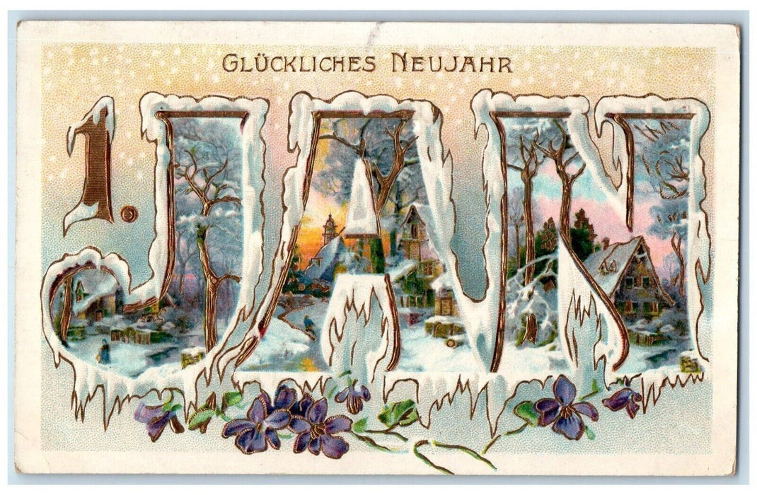 1912 New Year Jan 1 Large Letters Pansies Flowers Winter Gel Gold Gilt Postcard