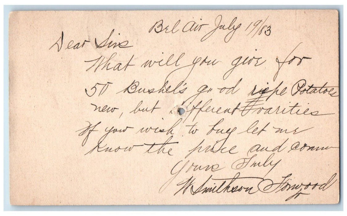 1883 Bushel's Potatoes Bel Air Maryland MD Baltimore MD Antique Postcard