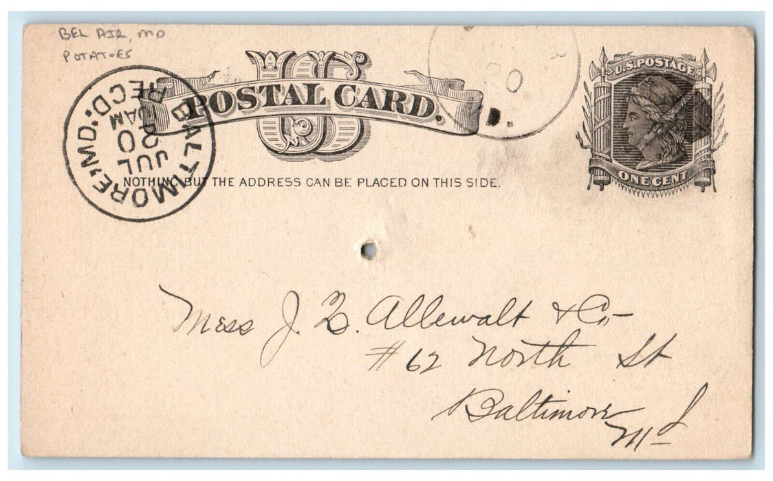 1883 Bushel's Potatoes Bel Air Maryland MD Baltimore MD Antique Postcard