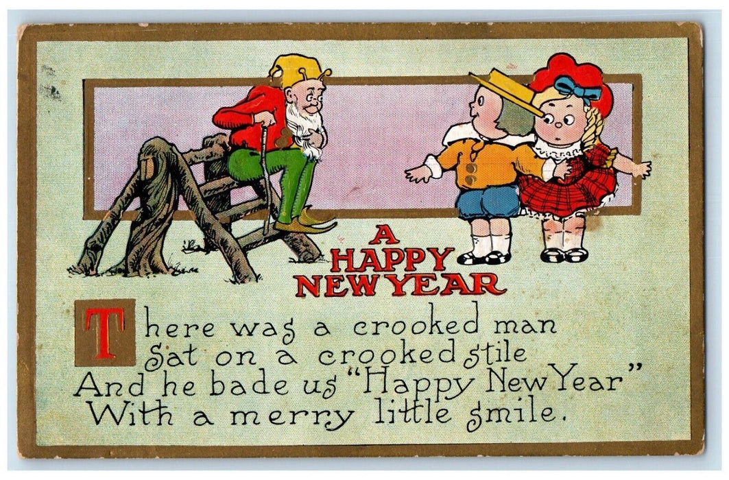 1907 New Year Elf Gnome Sat On A Crooked Stile Children Embossed Posted Postcard