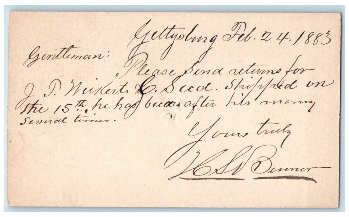 1883 JT Neikerts & Seed Gettysburg Pennsylvania PA Baltimore MD Postcard