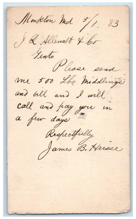 1883 Middlings and Bill Monkton Maryland MD Baltimore MD Posted Postcard