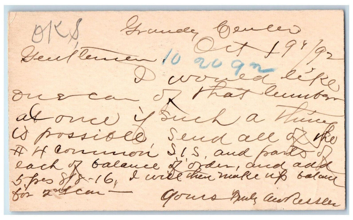1892 Balance of Order Grundy Center Iowa IA Clinton IA Posted Postcard