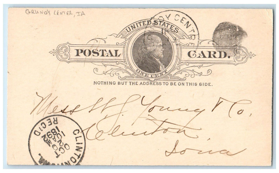 1892 Balance of Order Grundy Center Iowa IA Clinton IA Posted Postcard