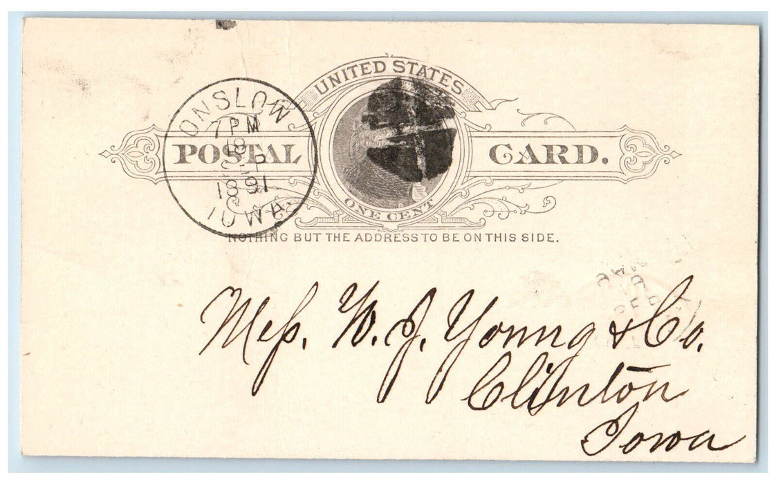 1891 Cancel Orer for Lumber FJ Sokol Onslow Iowa IA Clinton IA Postcard