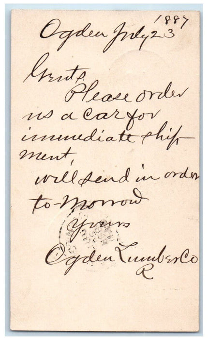 1888 Car Order for Shipment Ogden Lumber & Co Ogden IA Clinton IA Postcard