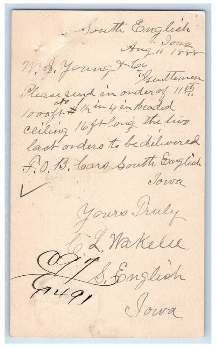 1888 Ordering Beaded Ceiling South English Iowa IA Clinton IA Postcard