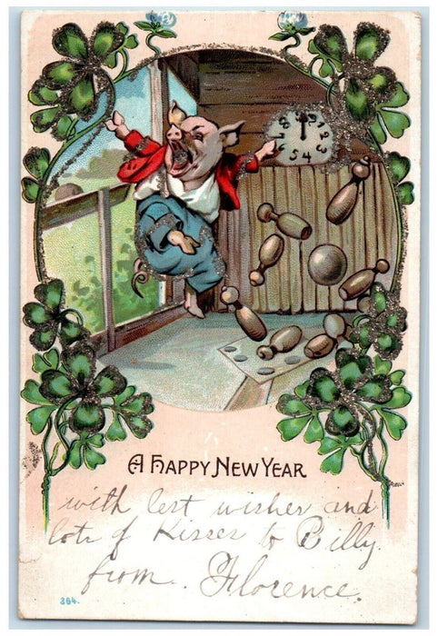 c1910's New Year Good Luck Anthropomorphic Pig Shamrock Clock Glitter Postcard