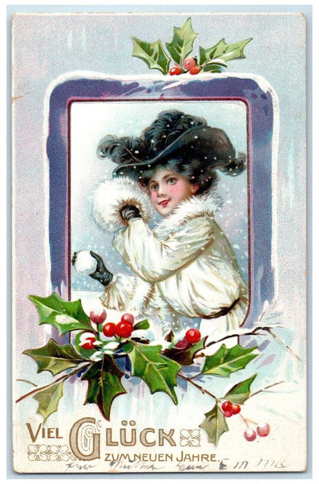 1909 New Year Good Luck Woman Handwarmer Holly Berries Snowfall Berries Postcard