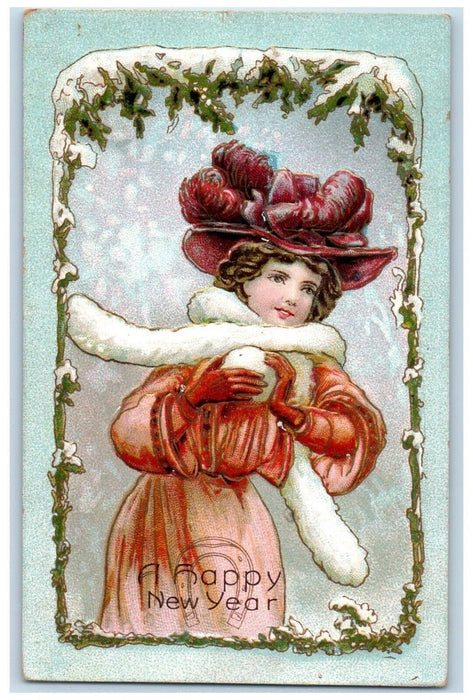 1909 New Year Pretty Woman Big Hat Snowball Anchorville Michigan MI Postcard