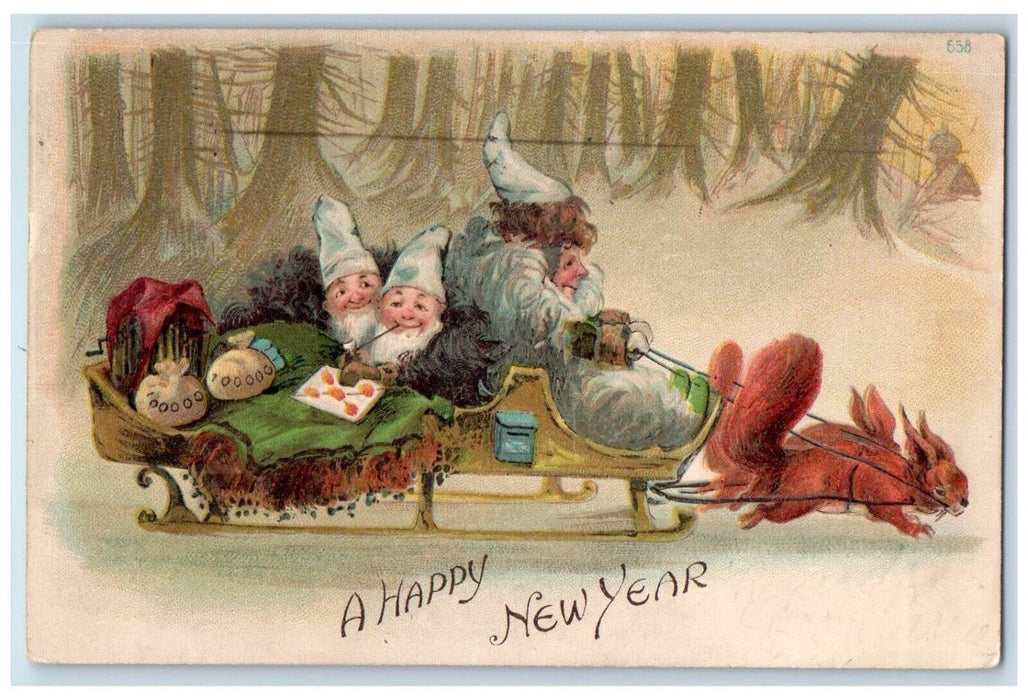 c1905 Happy New Year Gnome Elves Fantasy Squirrels Sleigh Detroit MI Postcard