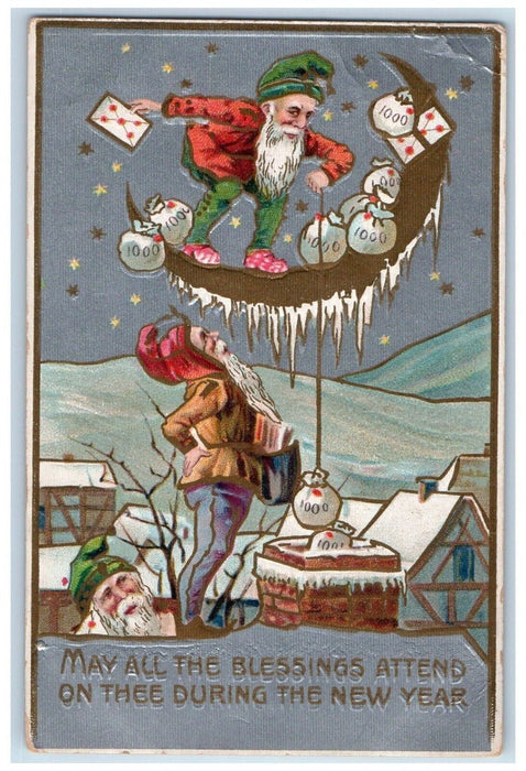 c1910's New Year Elves Gnomes Dropping Sacks Of Coins In Chimney Winter Postcard