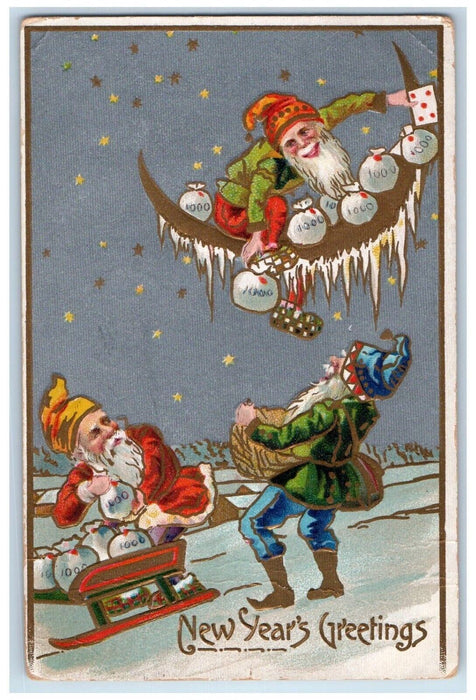 1910 New Year Greetings Elves Gnomes Escaped Sacks Of Coins Sleigh Postcard