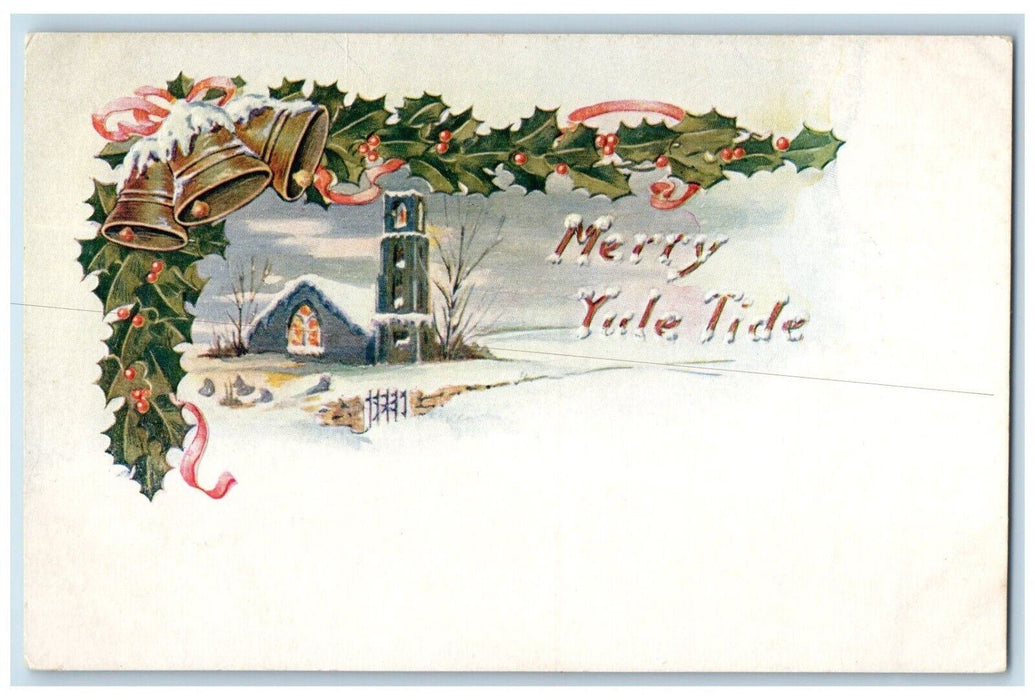 c1910's Christmas Holly Berries Ringing Bells Church Winter Embossed Postcard