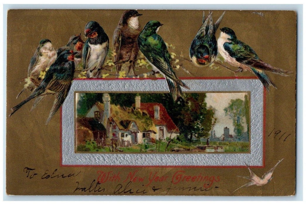 1911 New Year Greetings Song Birds Houses Winsch Back Posted Antique Postcard