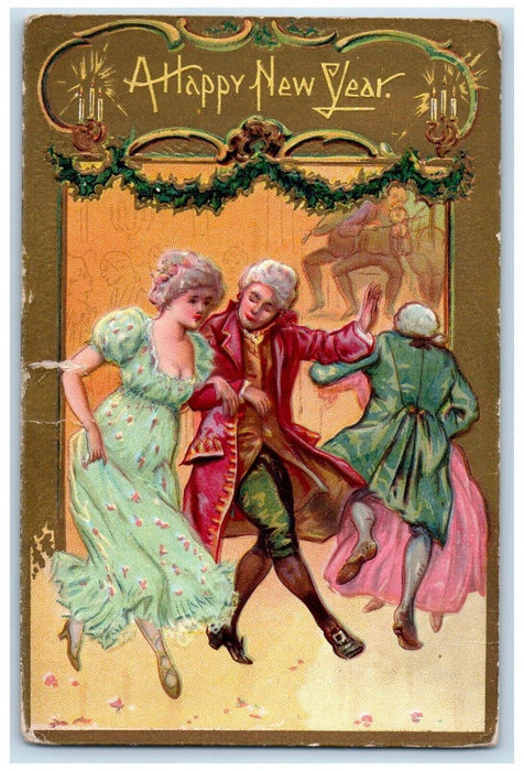 1910 New Year Couple Romance Dancing Embossed Newark NJ Posted Antique Postcard