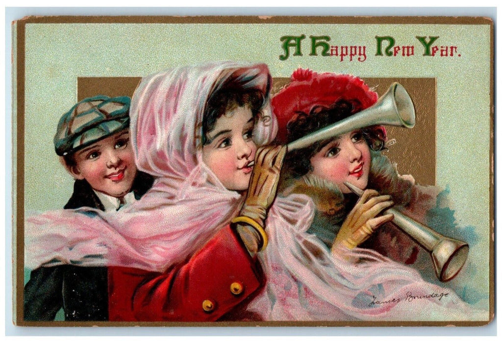 c1910's Happy New Year Pretty Womens Flute Embossed Unposted Antique Postcard