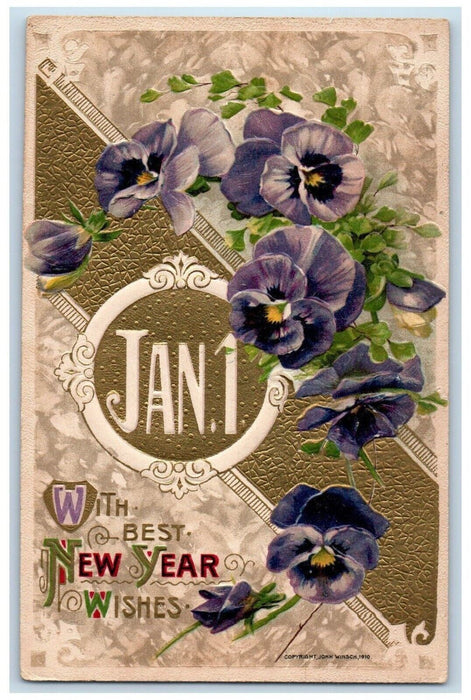 1910 New Year Wishes Jan 1 Purple Flowers John Winsch Artist Signed Postcard