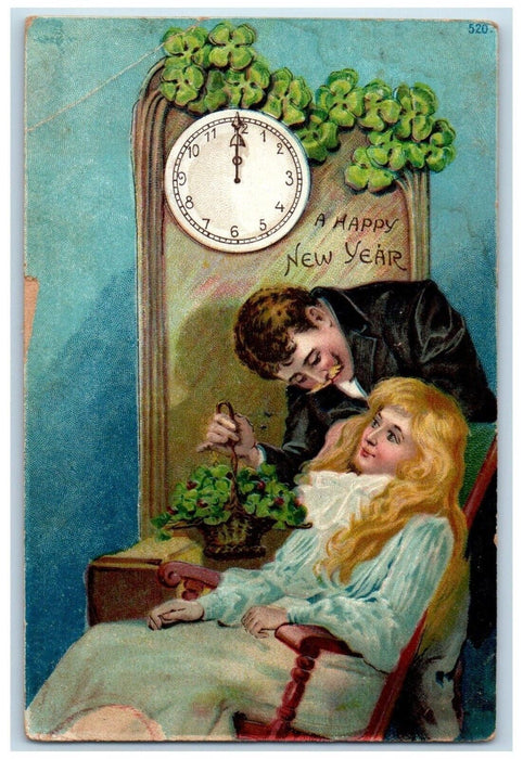 1908 Happy New Year Old Woman Rocking Chair Clock Clover Embossed Postcard