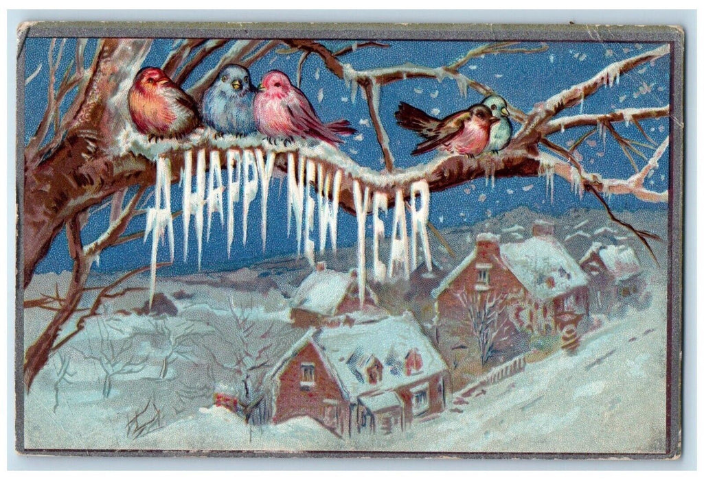 1909 New Year Song Birds On Top Of Tree Winter Snow House Embossed Postcard