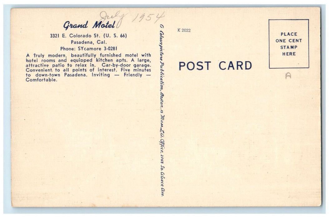 Entrance To Grand Motel Excellent Pasadena California CA, Garden Scene Postcard