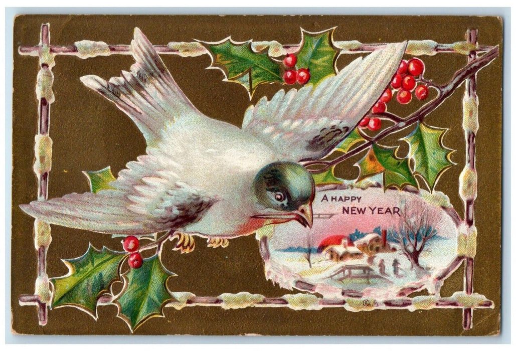 c1910's New Year Bird On Top Of Holly Berries House Embossed Nash Postcard