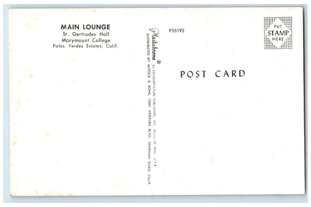 Main Lounge St Gertrudes Hall Marymount College Palos Verdes Estates CA Postcard