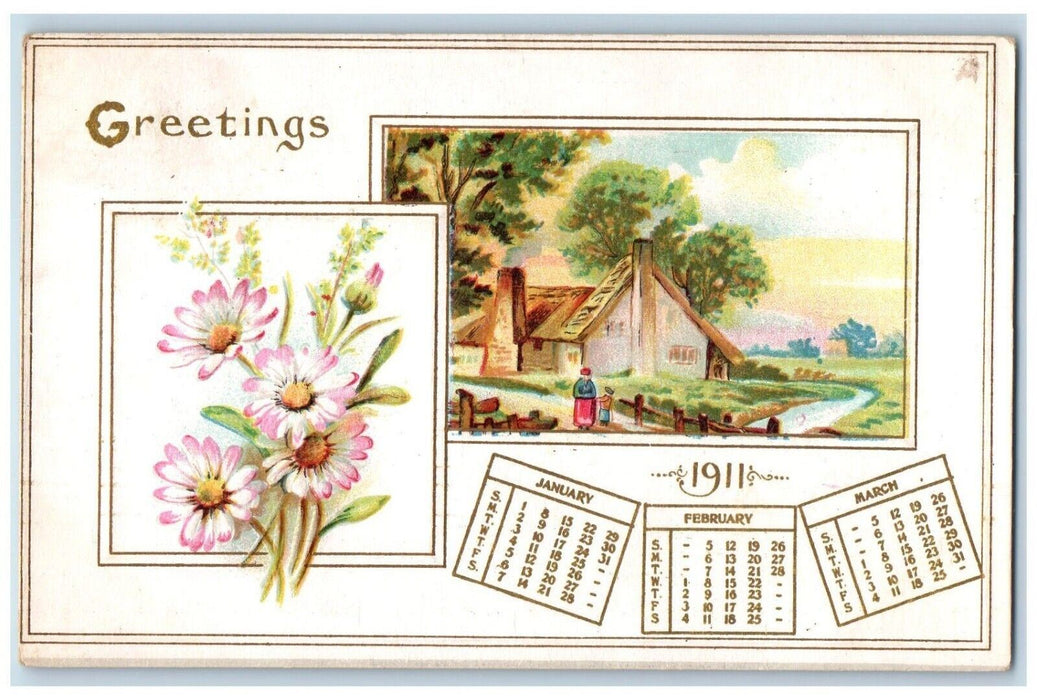 1911 Greetings Calendar Daisy Flowers House River Bridge Oakhill IL Postcard