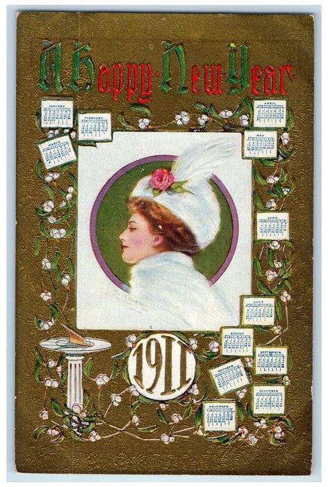 1911 Happy New Year Pretty Woman Calendar Mistletoe Embossed Antique Postcard