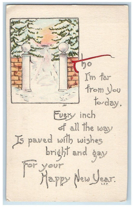 c1910's Happy New Year Arts Crafts Pine Trees Covered Snow Antique Postcard