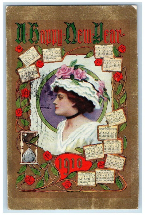 1910 Happy New Year Pretty Woman Calendar Roses Flowers Hourglass Postcard