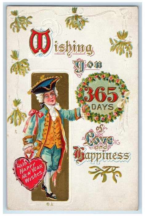 c1910's Happy New Year Colonial 365 Days Whreat Heart Mistletoe AntiquePostcard