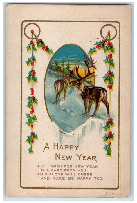 c1910's Happy New Year Deer In Winter Holly Berries Embossed Antique Postcard