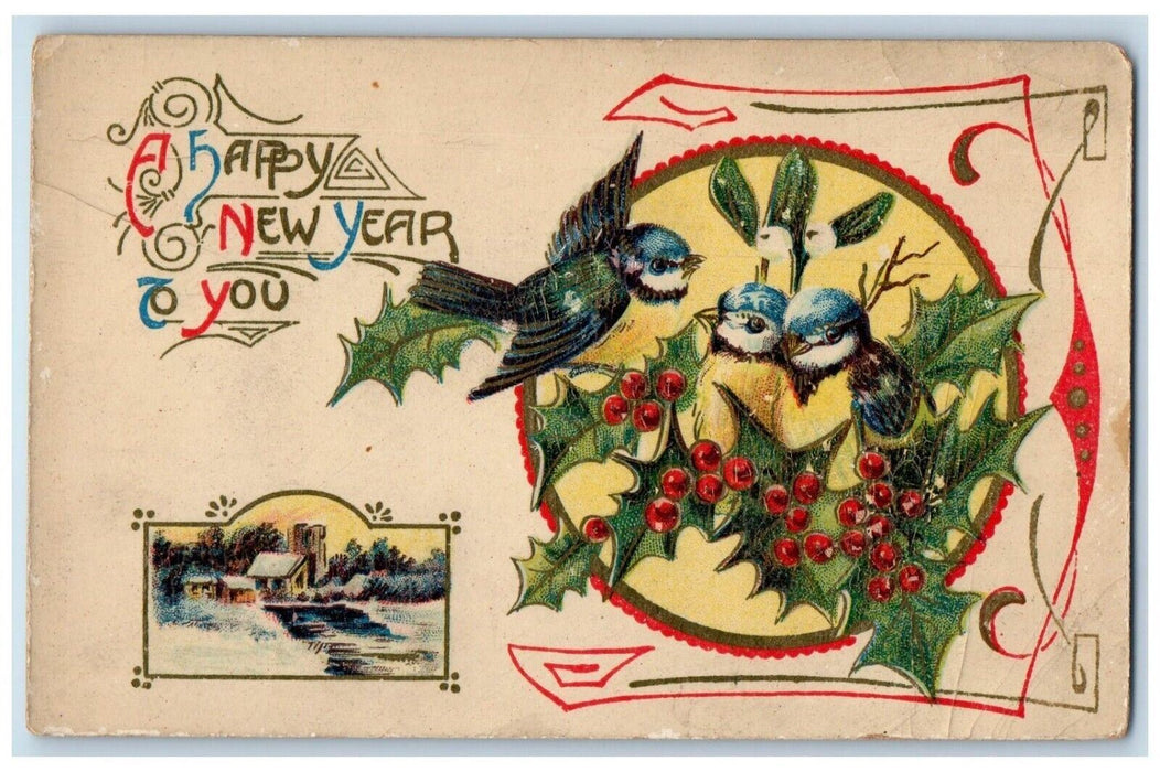 c1910's New Year Song Birds Holly Berries Houses Indianapolis IN Gel Postcard