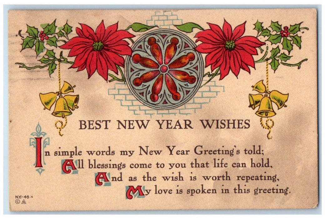 1914 New Year Greetings Poinsettia Flowers Berries Ringing Bells Posted Postcard