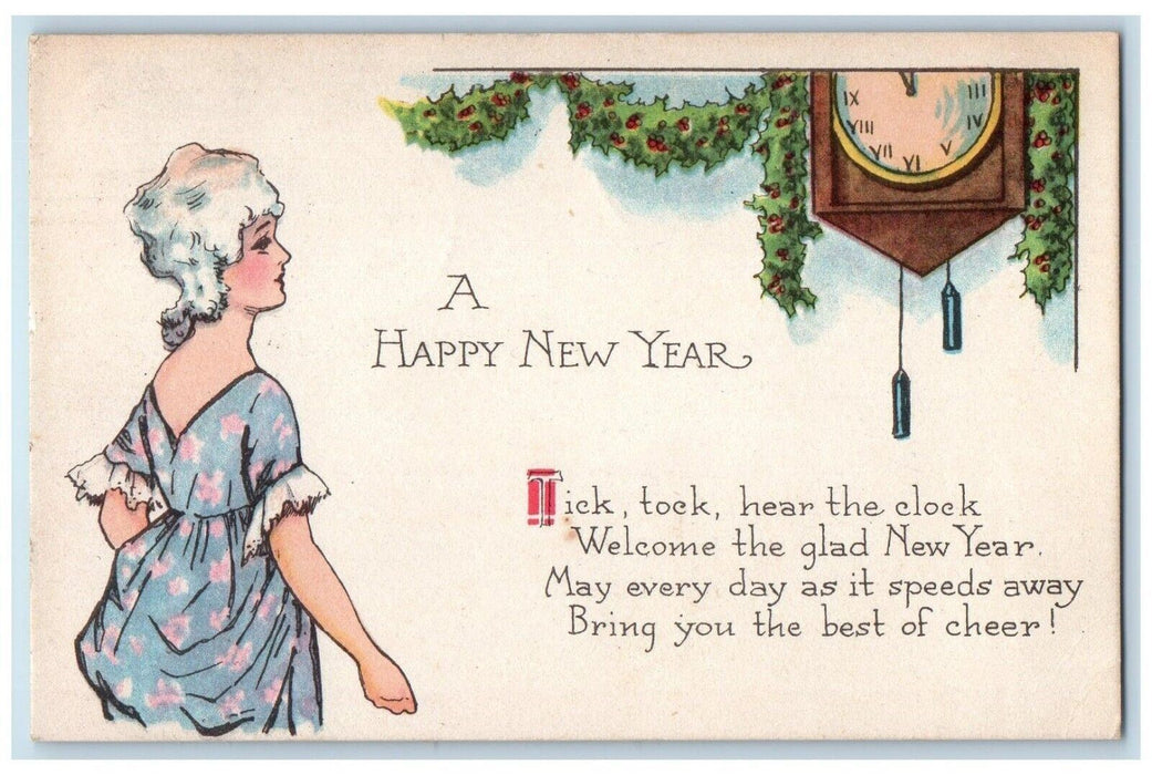 c1910's Happy New Year Holly Berries Ringing Clock Midnight Gibson Postcard