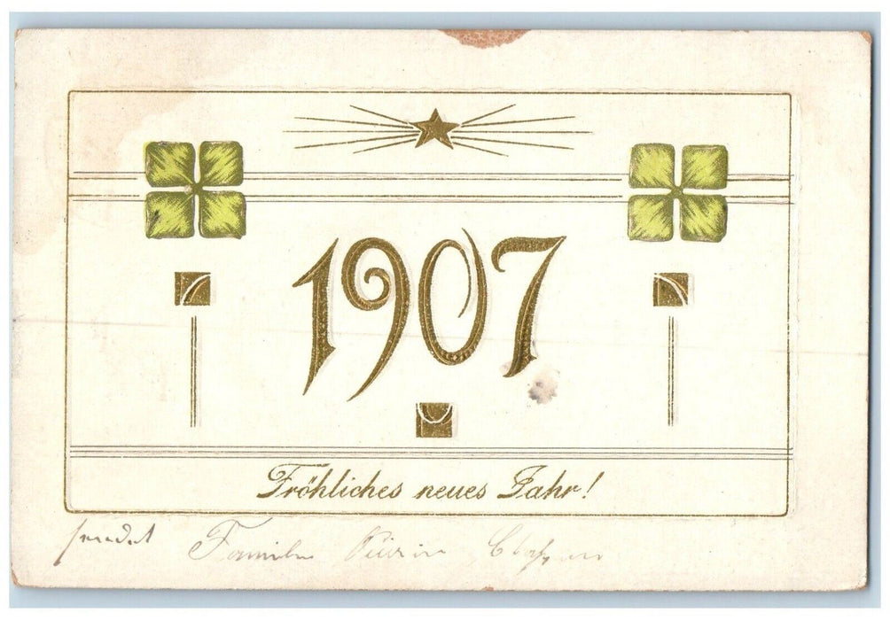 1907 Happy New Year Clover Large Numbers Embossed Posted Antique Postcard