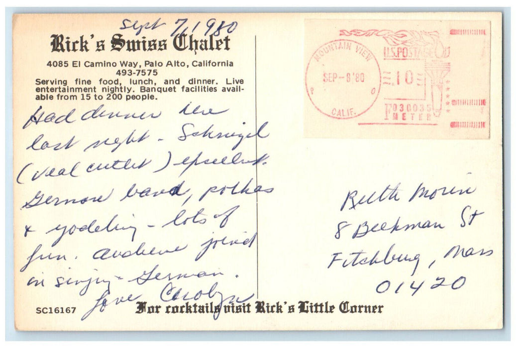 1980 Rick's Swiss Chalet Restaurant Palo Alto California CA Multiview Postcard