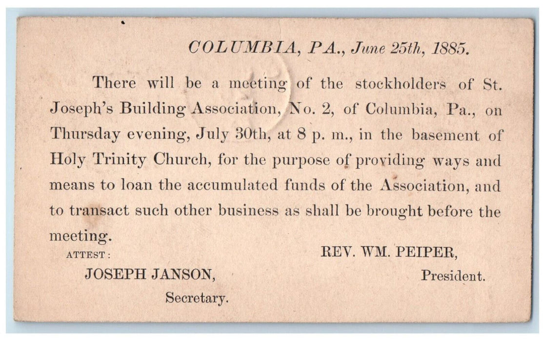 1885 Stockholders Meeting St. Joseph Building Ass'n Columbia PA Postal Card