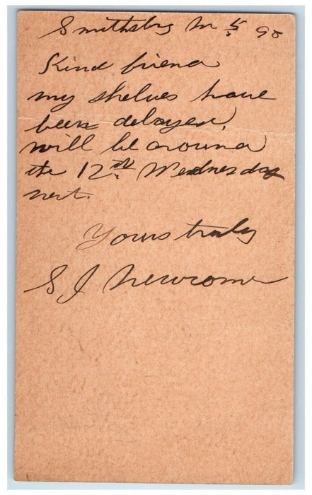 1890 Shelves 12th Wednesday SJ Newsome Smithburg Maryland MD Postal Card