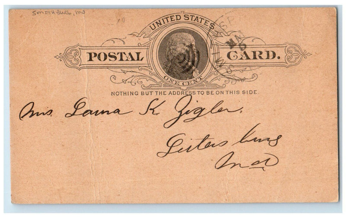 1890 Shelves 12th Wednesday SJ Newsome Smithburg Maryland MD Postal Card