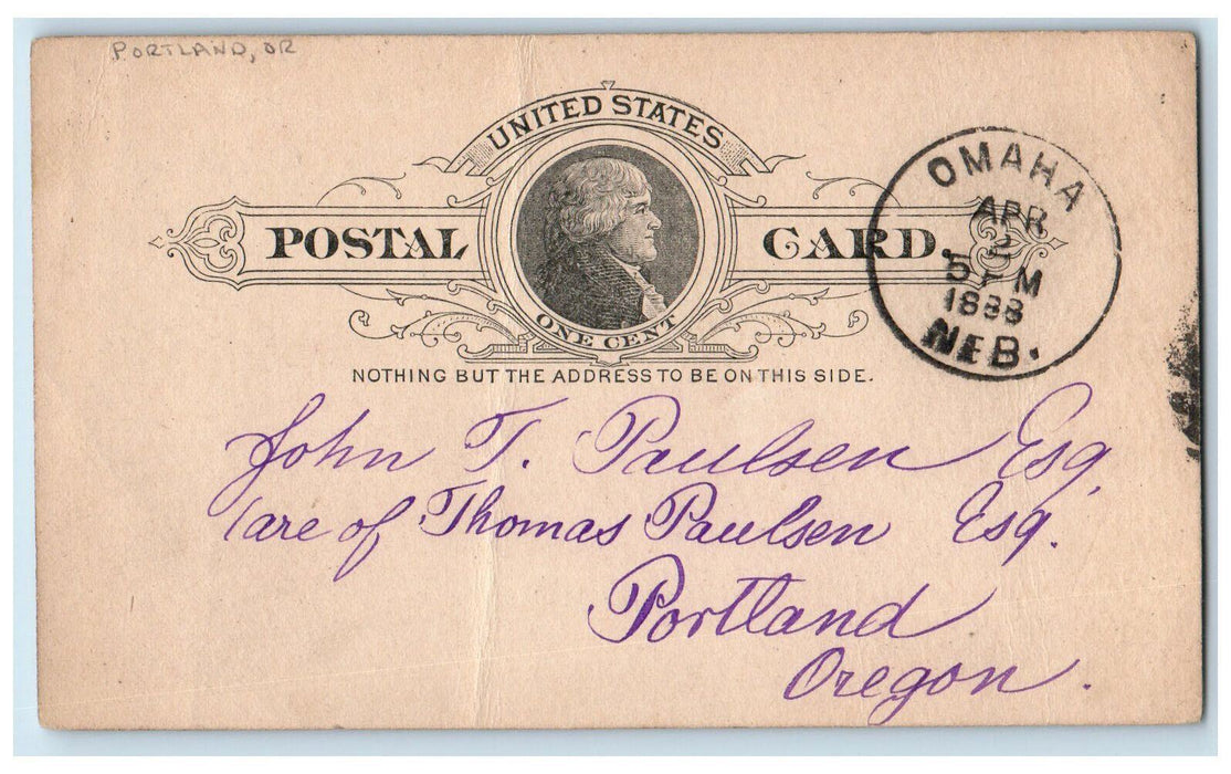 1888 John T. Paulsen Lare of Thomas Paulsen Portland Oregon OR Postal Card