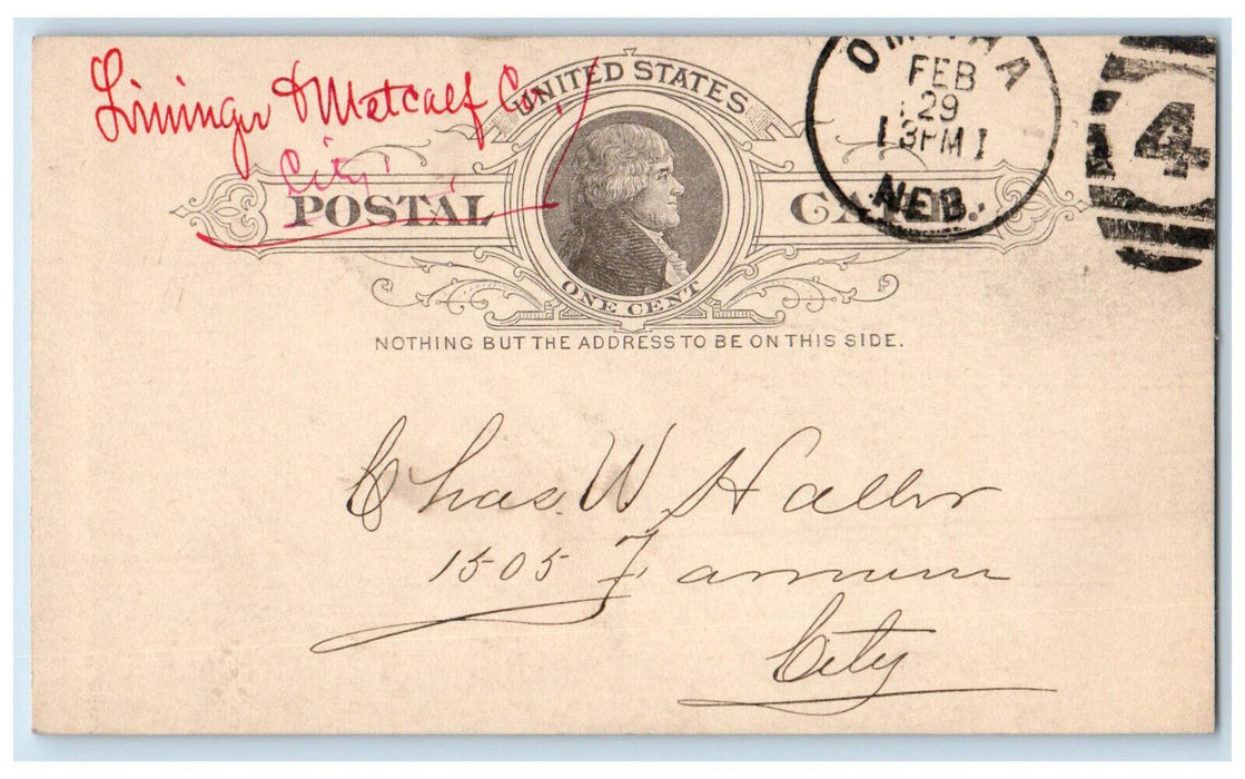 1888 Chas Haller Lininger & Metcalf Co. Omaha Nebraska NE Postal Card