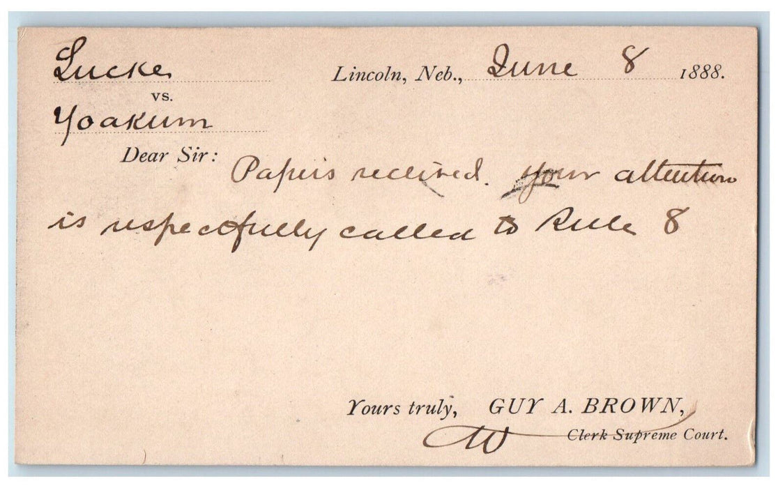 1888 Lucke Yoakum Guy A Brown Clerk Supreme Court Lincoln NE Postal Card