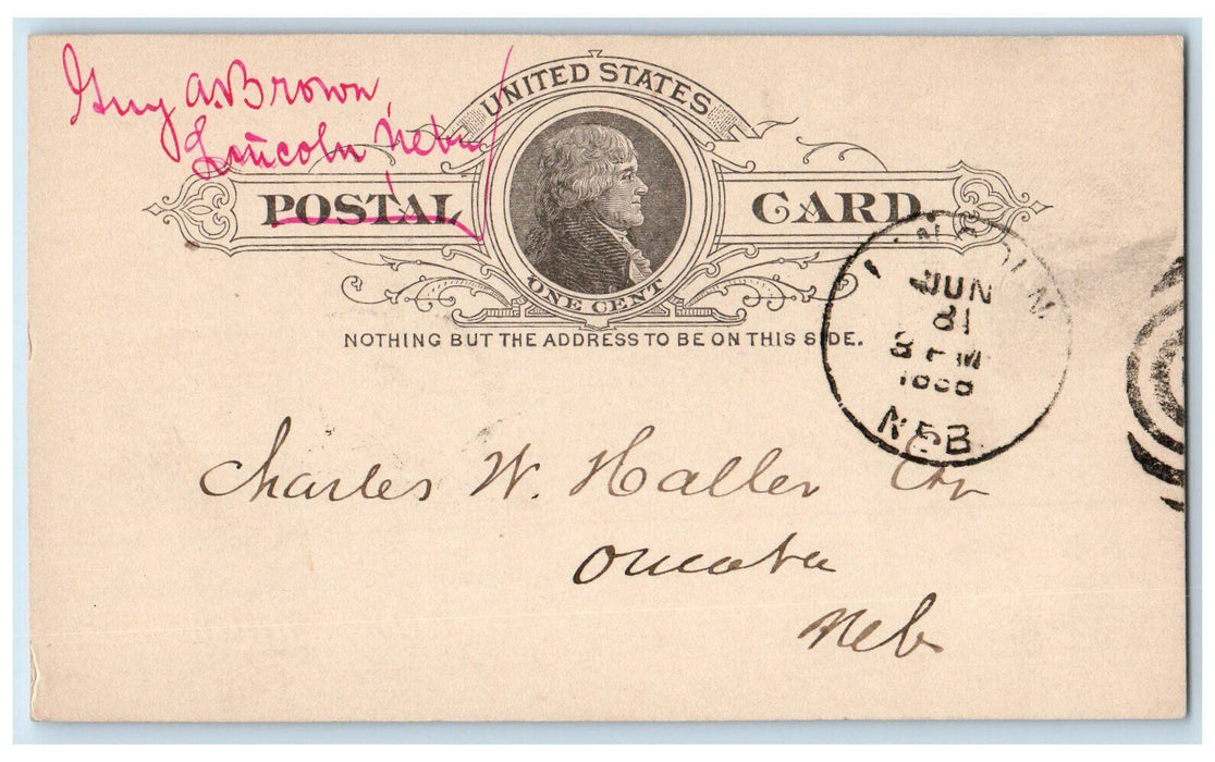 1888 Lucke Yoakum Guy A Brown Clerk Supreme Court Lincoln NE Postal Card