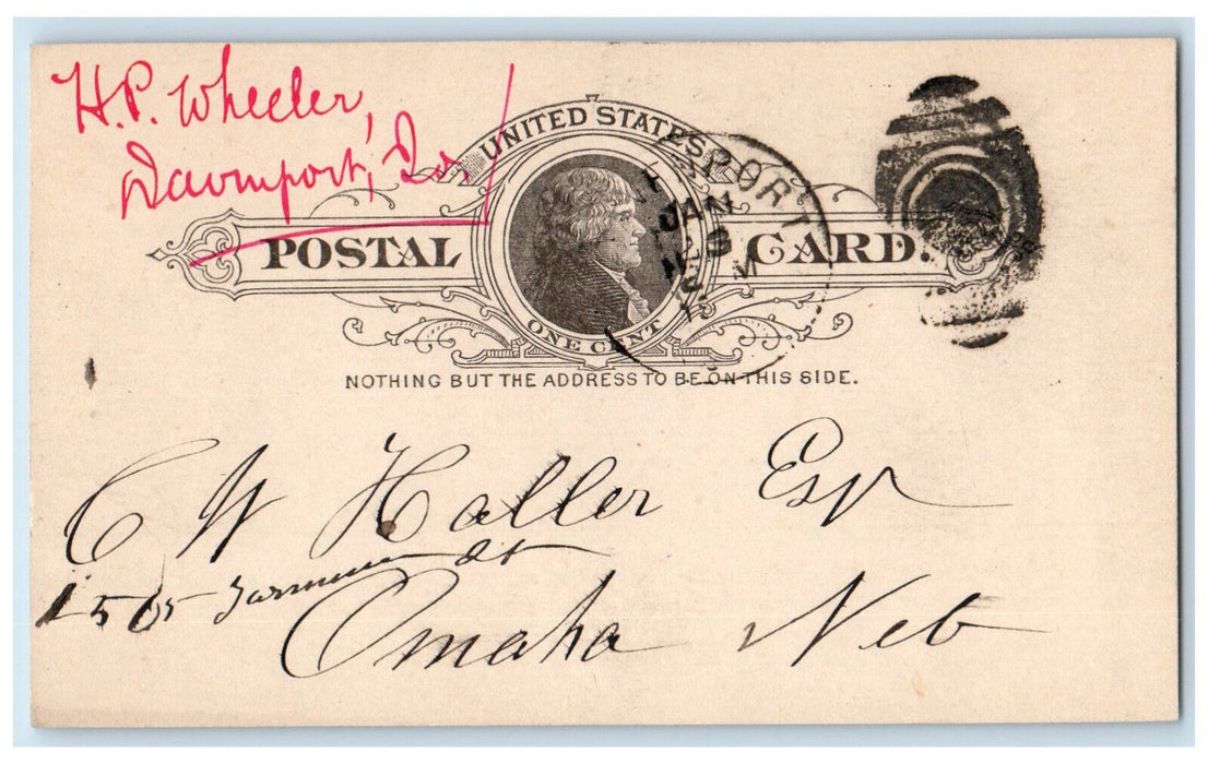 1888 HP Wheeler Davenport Iowa IA Omaha Nebraska NE Antique Postal Card