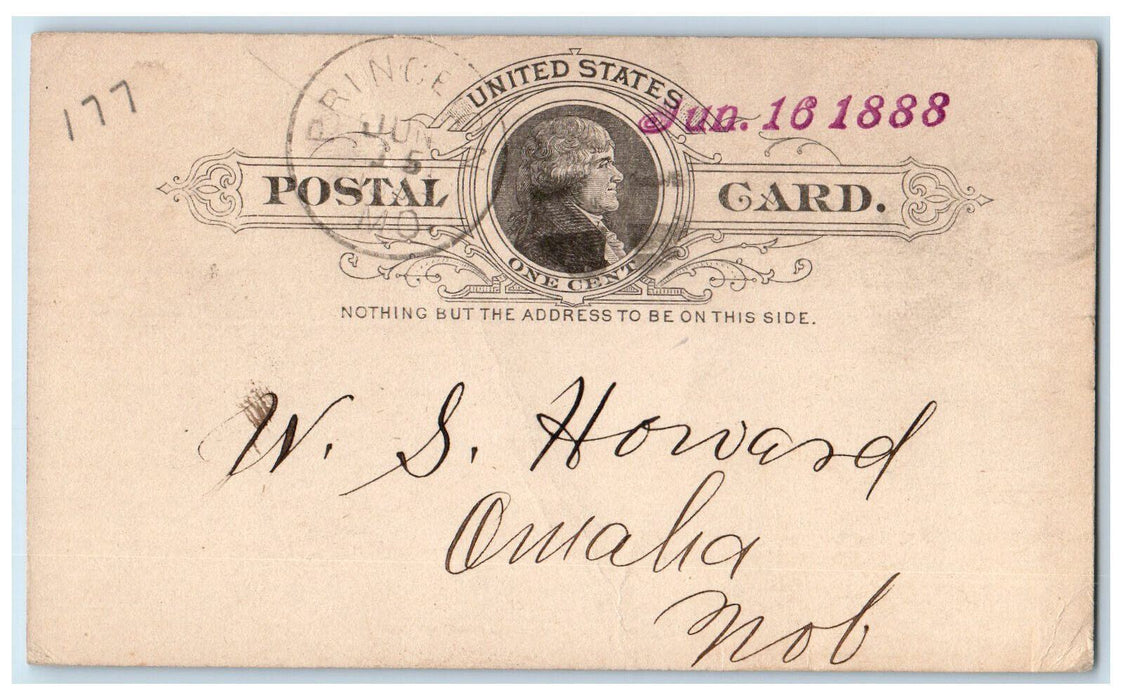1888 Joe Bayles Princeton Maryland MD Omaha Nebraska NE Posted Postal Card