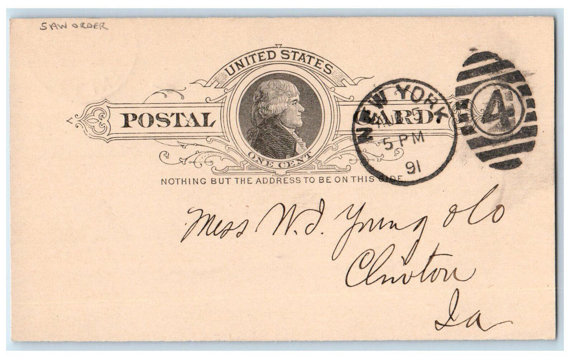 1891 Jos F McCoy Co. Saw Order New York City NY Clinton IA Postal Card